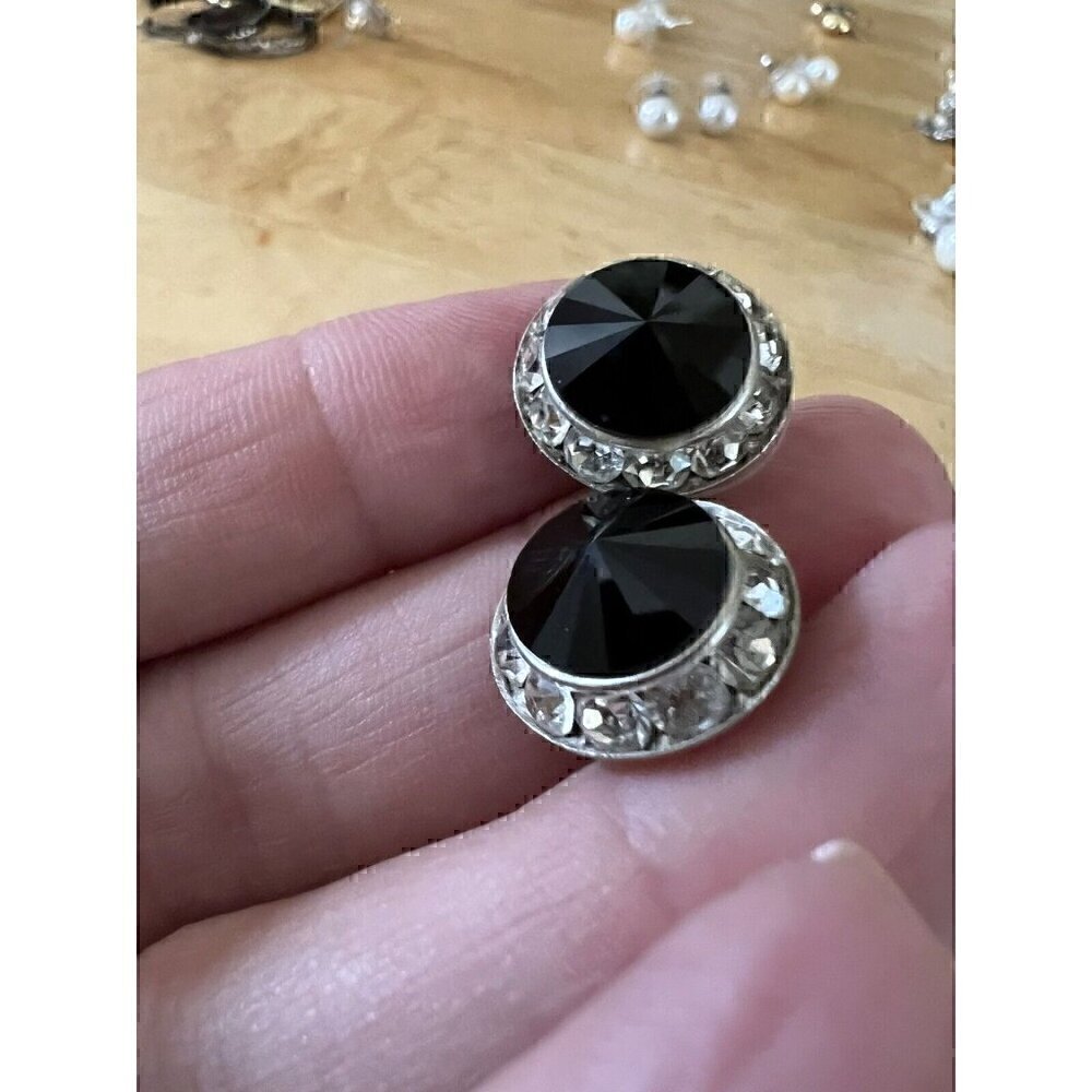 Round Cut Lab Created Black Onyx Stud Earring with Cz Halo Stones Vintage Silver